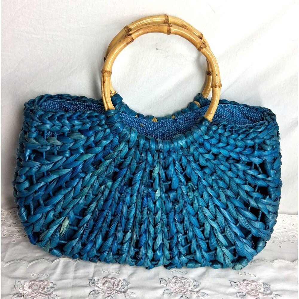 Vintage Boho White Stag Woven Straw Blue Hand Bag Wood Handles Purse